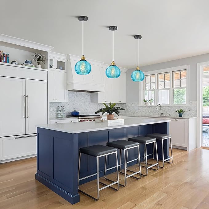 7.8in Vintage Pendant Light 1- Light Kitchen Sink Pendant Lights with Blue Hand Blown Glass Small Hanging Lamp for Kitchen Island Dining Room Bedroom Bathroom Hallway E26