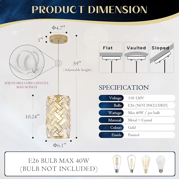 Modern Gold Crystal Pendant Light Fixture – Mini Hanging Chandelier with K9 Prisms for Kitchen Island, Bedroom, Bathroom, Dining Room, or Bar (1-Light)
