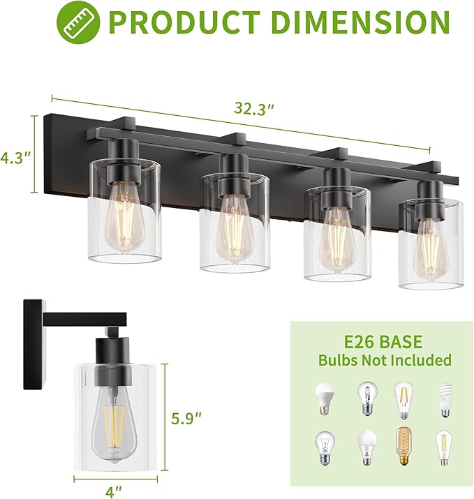 Espird Bathroom Vanity Light,4 Light Matte Black Light Fixture with Thickened Clear Glass Shade, 30 inch Modern Wall Sconce, Bathrooms Vanity Light Over Mirror for Bathroom