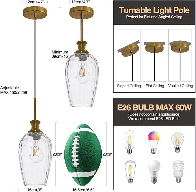 Modern Kitchen Pendant Lights,1-Light Brass Color Pendant Light Fixtures with Hand-Blown Clear Glass Light Fixture for Kitchen Island Sink Dining Room Bedroom Hallway, E26 Bulb Not Includes