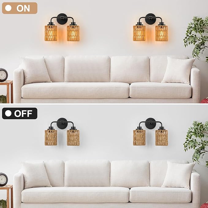 Bathroom Light Fixtures, Rustic 2-Light Vanity Lights Over Mirror Farmhouse Wall Mounted Light Natural Style Wall Lamp Boho Lighting Fixture Rattan Wall Sconce for Bedroom