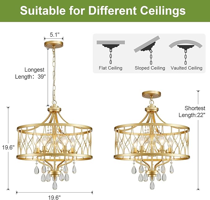 Gold Crystal Chandelier, 5-Light Modern Farmhouse Chandelier for Dining Room Vintage Hanging Pendant Light Fixtures, Gold Round Chandelier for Kitchen Island Entryway Foyer Bedroom Office Bar