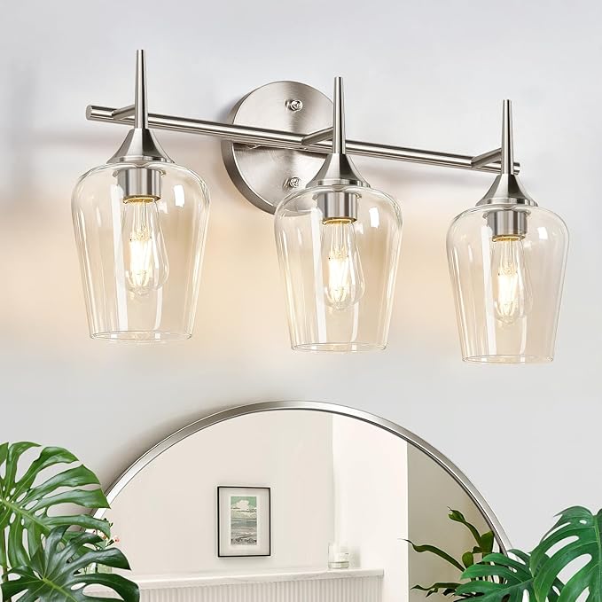 MOKATNG 3-Light Bathroom Light Fixtures, 19.5 in Brushed Nickle Vanity Lights for Bathroom with Clear Glass, Bathroom Lighting Fixtures Over Mirror, Modern Wall lamp for Cabinet Hallway