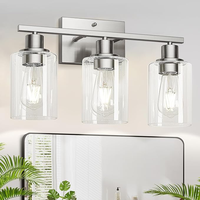 MOKATNG 3-Light Bathroom Light Fixtures, Vanity Light with Clear Glass Shades, Brushed Nickel Bathroom Light Fixtures Over Mirror, Modern Bathroom Wall Lamp for Mirror Living Room Cabinet Bedroom