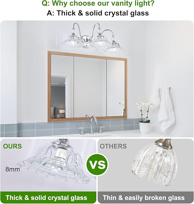 Chrome Bathroom Vanity Light Fixtures 3 Lights Vanity Lights for Bathroom with Floral Crystal Glass Shade Modern Wall Sconce Light for Mirror(Exclude E26 Bulb)