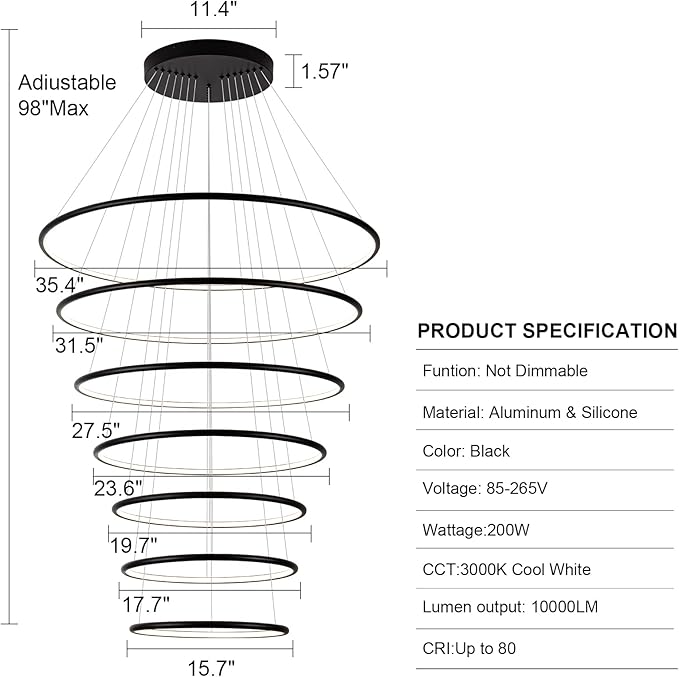 MADEM Modern LED Chandeliers 7 Rings Black Chandelier Contemporary Ceiling Pendant Light Fixture for Staircase Foyer High Ceiling Living Room, 3000K Warm White, 200W