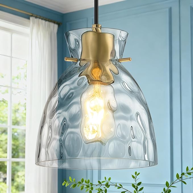 5.9” Mini Black Gold Pendant Lights Kitchen Island Lighting, Single Brass Hammered Glass Pendant Light Fixtures, Adjustable Modern Hanging Lights Kitchen Pendant Lighting over Island Sink Bathroom