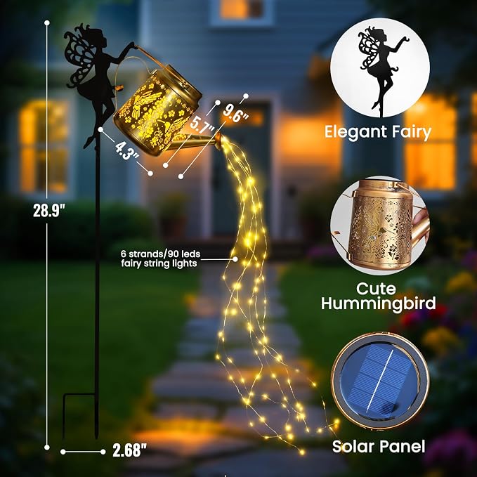X-PREK Solar Lights Outdoor Waterproof, Fairy Solar Garden Lights Outdoor Decoration, Hummingbird Solar Watering Can Light Gardening Gifts for Mom Grandma 4 Packs