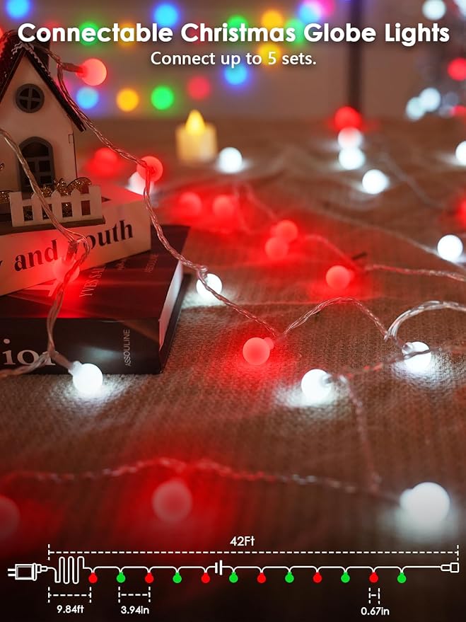 2026 New Connectable 43FT Smart Voice Controlled String Lights Indoor Outdoor | 100LED Red and White Globe Fairy Lights with Remote, 12 Modes Waterproof Hanging Light for Bedroom Classroom Decor