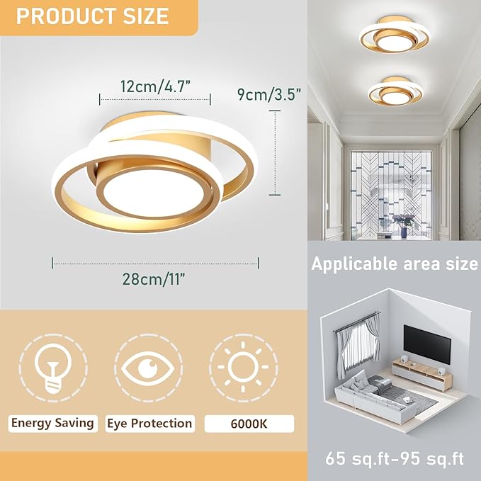 CANEOE 2 Packs Small Modern LED Ceiling Light,2 Rings Creative Design Ceiling Lamp Indoor Hallway Lighting Fixtures for Hallway Living Room Bedroom Kitchen Office (Gold)