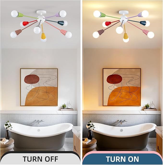 33 Inch Colorful Sputnik Chandelier, 8-Light Kids Ceiling Light Fixture, Modern Semi-Flush Mount Lamp for Children's Bedroom,Playroom, Nursery, Dining Room, Kitchen, Entryway