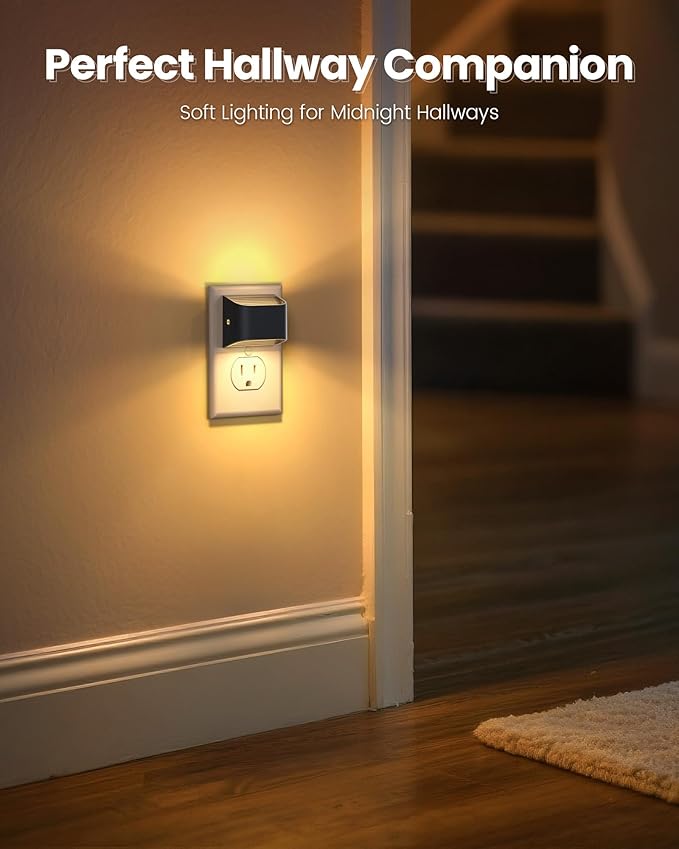 NIORSUN Night Lights Plug Into Wall, Auto Brightness Sensor Night Light, 3000K Warm White, Ultra-Slim Wall Light for Hallway Bathroom Bedroom Stairs, Black, 6 Pack