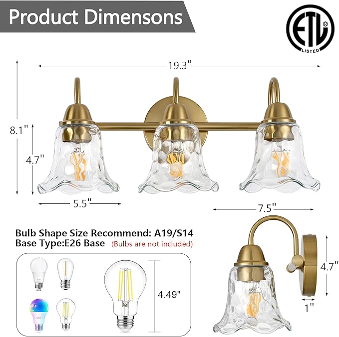 Bathroom Light Fixtures Over Mirror, 3 Lights Vintage Wall Sconces with Hammered Glass Shade, 19.3" Gold Bathroom Wall Light Fixtures for Bedroom, Porch, Hotel, Mirror Cabinet