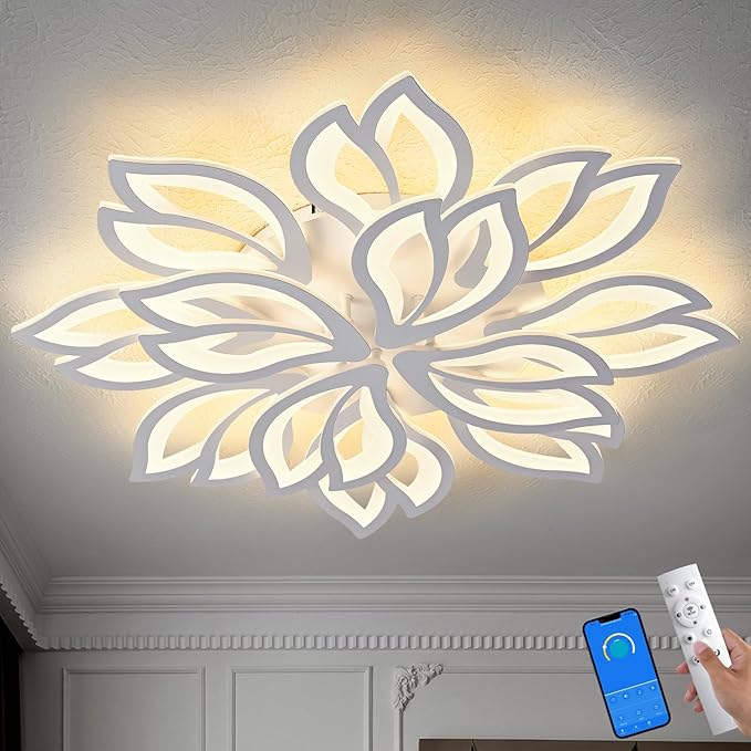 Modern Ceiling Light with APP & Remote Control, Dimmable LED Flush Mount Chandelier with 3-Color, White Acrylic Flower Ceiling Light Fixture for Living Room Dining Room Bedroom Kitchen-12-Leaves