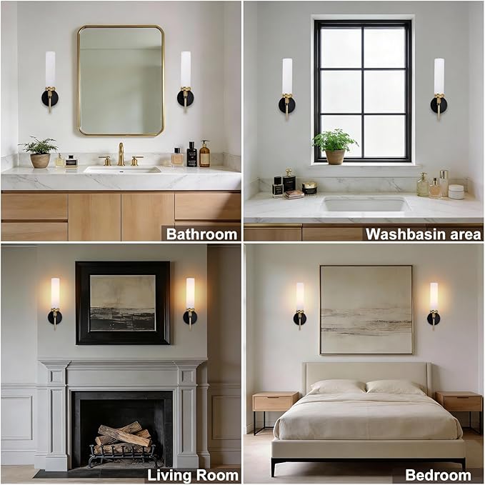 LaLuLa Wall Sconce Set of 2, Black and Gold Vanity Lights for Bathroom, Knurled Detail, Frosted Glass Cylinder Shade, E26 Base, Hardwired, Up or Down Mount, for Hallway, Bedroom, Living Room