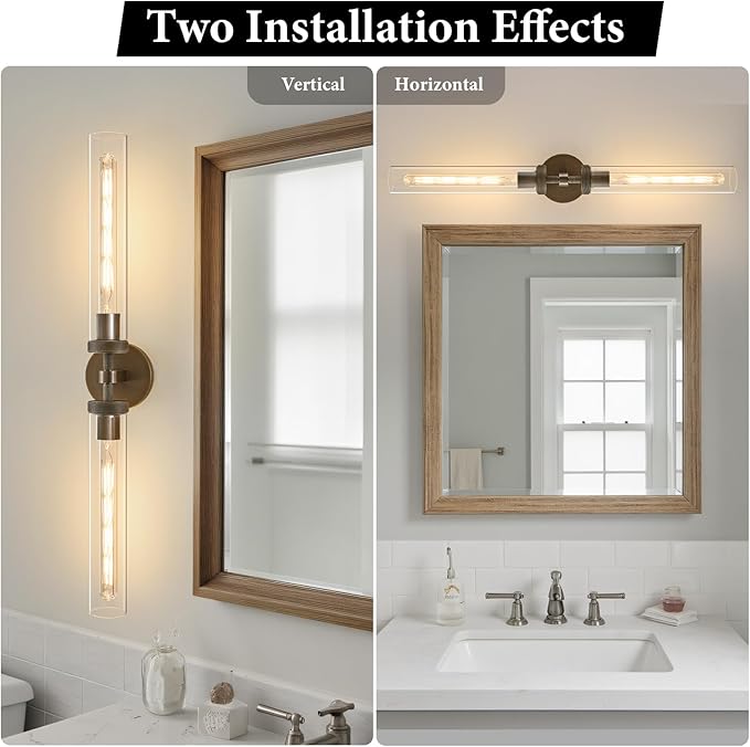 Knurled Brass Bathroom Wall Sconce - Set of 2 Luxury Brushed Antique Gold Sconces - Modern Linear Tube Vanity Lights Fixture with Clear Glass - Dimmable Indoor Lighting for Bedroom Living Room Decor
