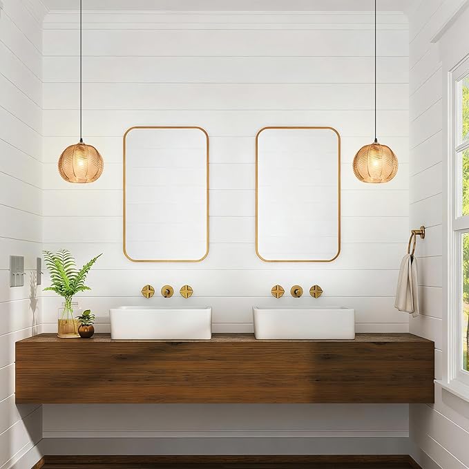 Amber Glass Pendant Lights Kitchen Island Lighting 1-Light Farmhousde Ribbed Globe Pendant Light Fixture Adjustable Gold Ceiling Hanging Lamp for Kitchen Island Dining Room Bedroom Living Room