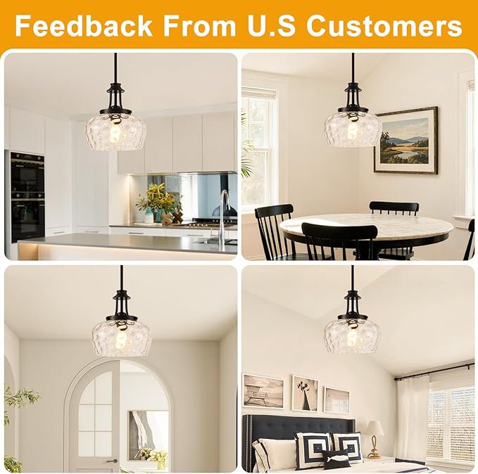 Modern Pendant Lights Kitchen Island, Matte Black Pendant Light Fixtures with 10" Clear Hammered Glass Shade, Industrial Hanging Pendant Lights Fixture for Kitchen Island Dining Room Bedroom Entryway