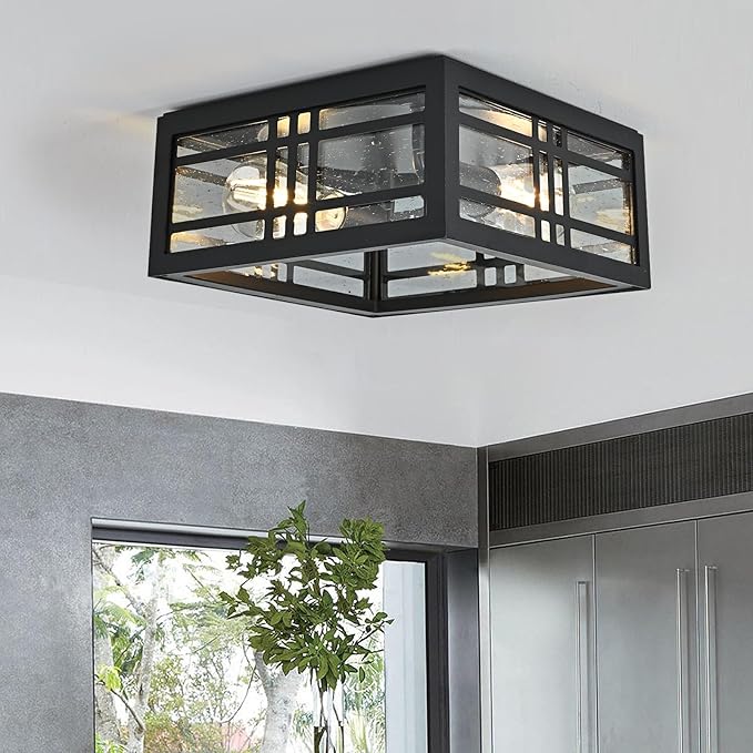 Square Ceiling Light Fixture Flush Mount Ceiling Light Black 2-Light with Seeded Glass, Industrial Ceiling Light Fixture for Kitchen Hallway Porch