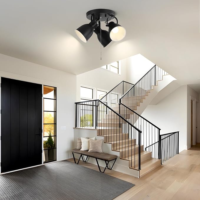 KEESFU 3 Light Ceiling Light with Pull Chain,Adjustable Directional Ceiling Track Light,Industrial Pull Chain Light Fixtures for Bedroom Hallway Closet.