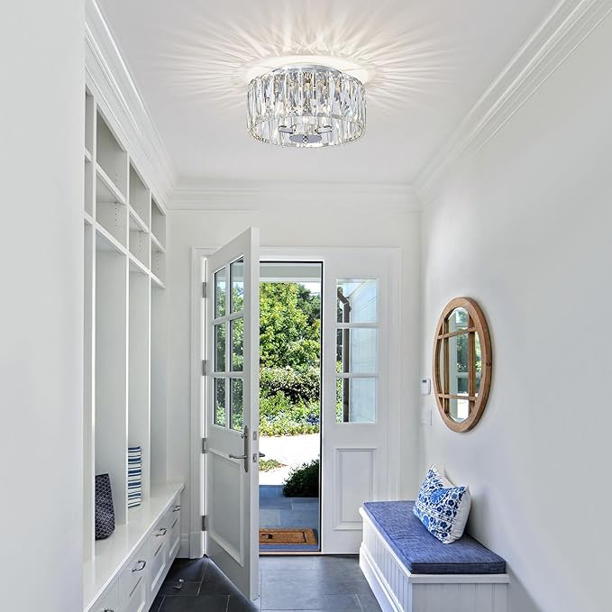 Crystal Ceiling Light, 3-Light Modern Flushmount Ceiling Light for Living Room, Dinning Room Hallway, D12xH9inch, Chrome Finish Frame & K9 Crystal