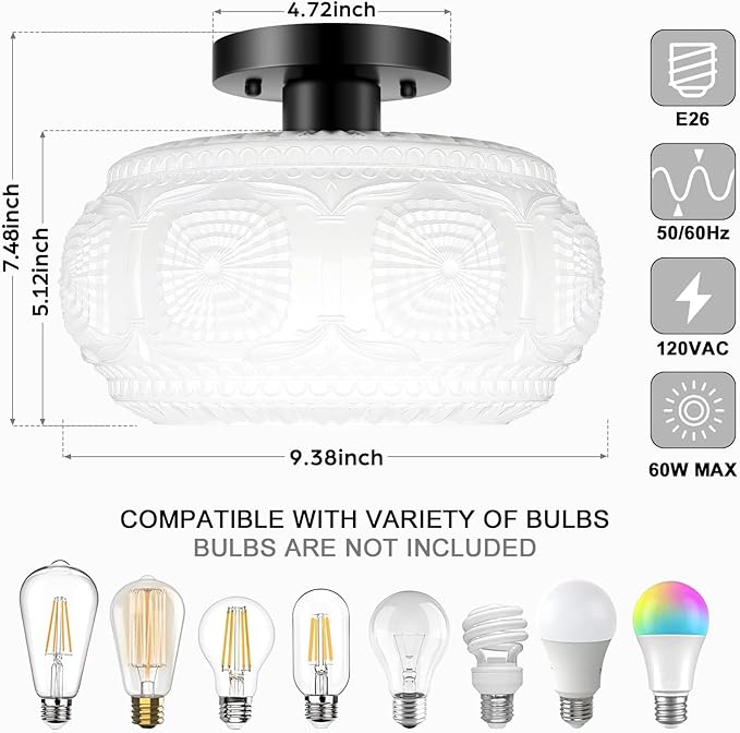 Semi Flush Mount Ceiling Light, Milk Glass Shade Modern Ceiling Light Fixture, Vintage Black Lighting for Hallway Bedroom Entryway Kitchen Porch