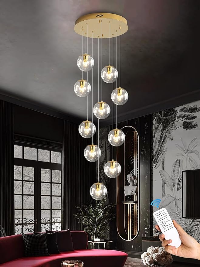 ykolupty 10-Light LED Staircase Modern Glass Globe Pendant Light Gold Chandeliers Large Chandeliers for High Ceilings, Entryway Lighting Fixture Villas and Stairs