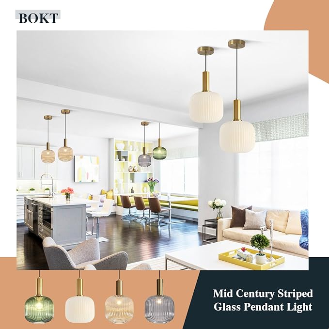 BOKT Pendant Lights Kitchen Island Brass Modern Gold Pendant Light Fixtures 7.9" Vintage Adjustable Height Hanging Lamp with Milk White Glass Shade for Entryway Dining Room Hallway