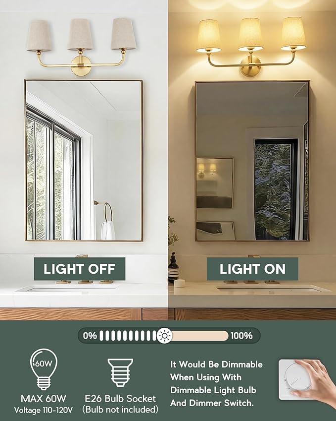 3-Light Bathroom Light Fixtures, Brushed Gold Vanity Lights with Brown Fabric Shade, Modern Sconces Wall Lighting for Hallway Bedroom, Upward Lighting, VL837-BG-L-3