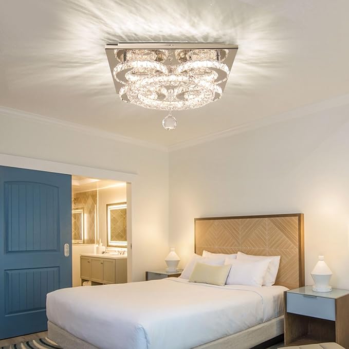 Modern Crystal Chandelier Five Rings LED Crystal Ceiling Light Flush Mount Stainless Steel Pendant Ceiling Lamp for Living Room Bedroom Restaurant Porch Dining Room (Dimmable)