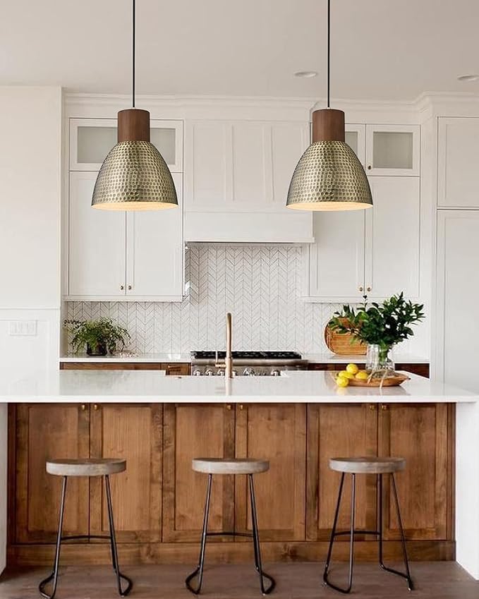 ELYONA 2 Pack Hammered Pendant Light Fixtures, 10.2" Vintage Metal Solid Wood Hanging Bar Lamp, Mid Century Antique Gold Pendant Lights for Kitchen Island, Farmhouse, Dining Room, Brushed Brass