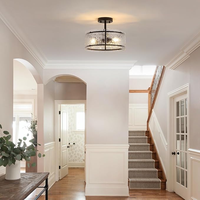 Black Semi Flush Mount Ceiling Light, 3-Light Foyer Lighting Fixtures, 12.6" Glass Hallway Entryway Ceiling Light Fixture for Dining Room Kitchen Bedroom Living Room