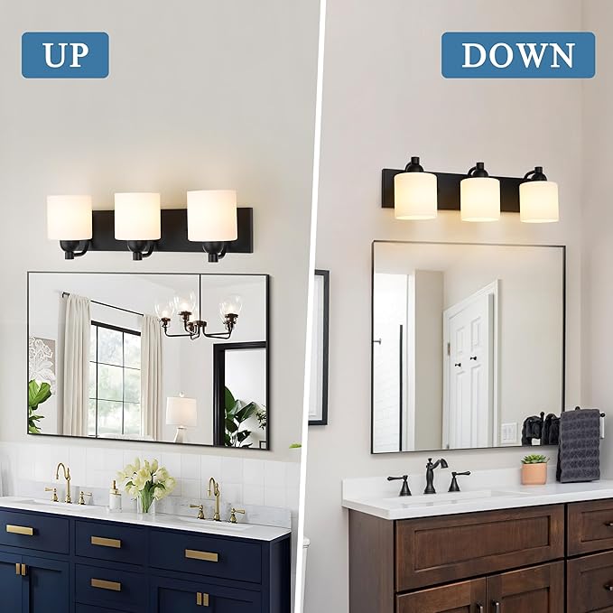 Mecgirn Milk Glass Vanity Lights for Bathroom, 3 Light Matte Black Bathroom Light Fixtures Over Mirror, Ceramic E26 Sockets Wall Mounted