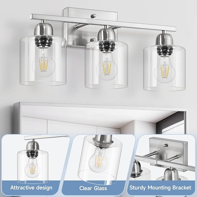 Modern Brushed Nickel 3 Light Bathroom Light Fixtures,19 inch Vanity Lights for Bathroom with Clear Glass Over Mirror for Mirror Kitchen Living Room