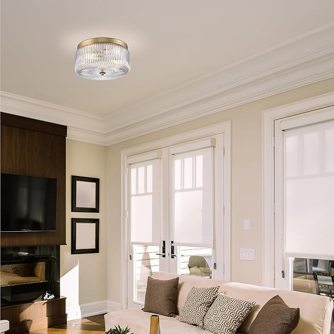 Ashbourne Semi Flush Mount Ceiling Light, Modern Gold Finish with Clear Ribbed Glass Shade, Mid-Century Drum Fixture for Bedroom, Kitchen, Hallway, Dining Room & Entryway, E26 Base