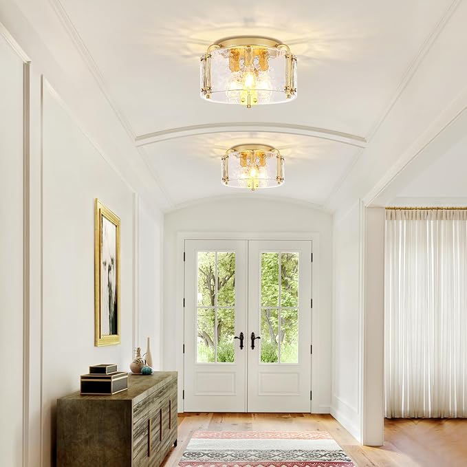 TOULMJ 15'' Modern Gold Semi Flush Mount Ceiling Light, 3-Light Hammered Glass Kitchen Ceiling Lighting Entryway Light Fixtures Ceiling Lamp for Hallway Foyer Bathroom Laundry Dining Room Bedroom