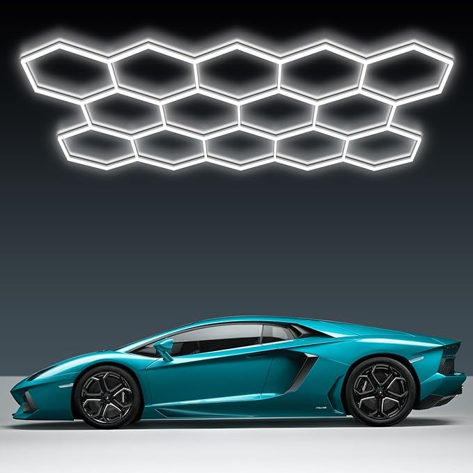BRILLIHOOD Hexagon Garage Lights, 10-100% Dimmable LED Honeycomb Lights, 54720LM, 6500K Super Bright, 14 Grid Systems Car Detailing Lighting for Warehouse Workshop Basement Gym