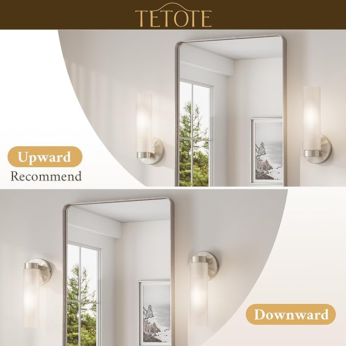 TETOTE Brushed Nickel Wall Sconces Set of Two Modern Bathroom Wall Light Fixtures Farmhouse Wall Lights with Frosted Glass Shade for Mirror Bedroom Living Room
