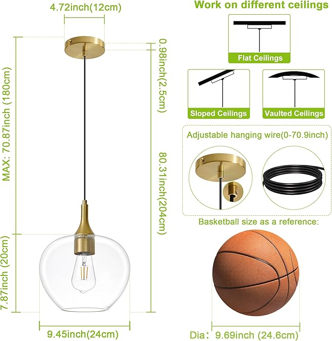 Glass Pendant Lights Kitchen Island, 9.45'' Brass Gold Pendant Lighting Fixtures, Modern Hanging Ceiling Light with Clear Glass Shade for Farmhouse Dining Room Bedroom Hallway(1 Pack)