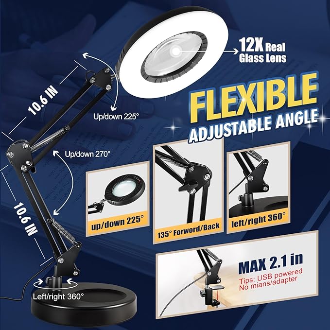 Toolastra 12X Magnifying Glass with Light and Stand, 144 LEDs Brightest Desktop Magnifying Lamp, 10 Dimmable Brightness 5 Color Modes, Hands Free Metal Desk Lamp for Craft Reading Painting (Black)