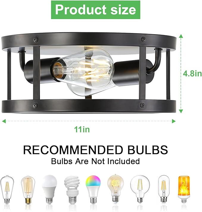 Farmhouse Semi Flush Mount Ceiling Light, Black 11inch 2-Light Metal Cage Light Fixture Ceiling Mount, Industrial Closed to Ceiling Mount Lamp, 2 Pack
