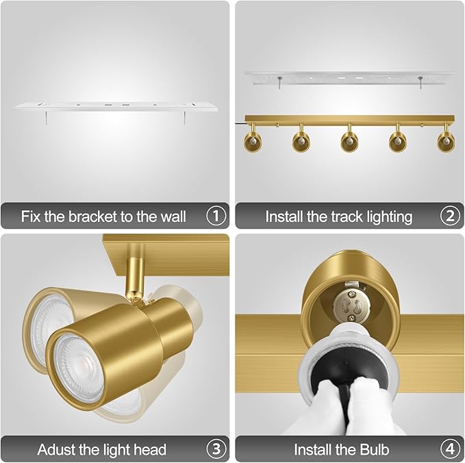 Track Lighting Plug in, 30" LED Track Light Fixtures Ceiling, Gold 5 Way Spotlight, Rotatable Head, Plug Wall Lights with 14.8FT Cord, Ceiling Lighting for Kitchen Hallway Bar(GU10, NO Bulb)