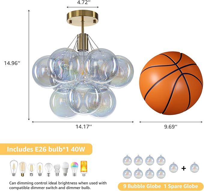 GoYeel Semi Flush Mount Ceiling Lighting 14.17", Modern Chandelier Gold Globe Colorful Bubble Ceiling Light Fixture with 9 Chromatic Glass Ball for Foyer Kitchen Bedroom, Include E26 Bulb