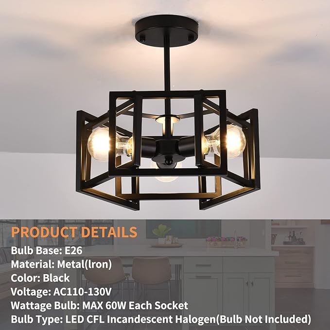 Semi Flush Mount Ceiling Light Fixture,3-Light Black Light fixtures Kitchen Ceiling Light Fixture for Hallway Kitchen Bedroom Living Room Bathroom Entrance