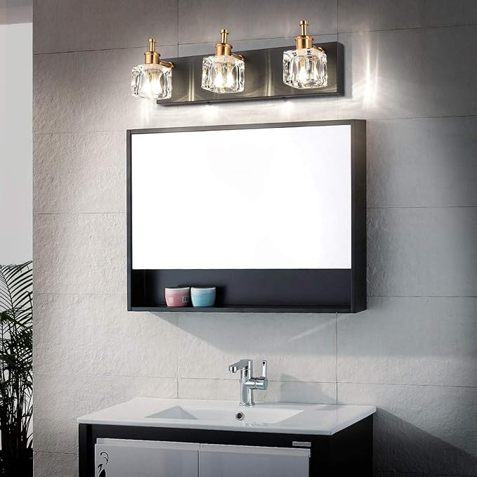 PRESDE Modern Black Bathroom Vanity Light Fixtures Over Mirror LED Crystal 3 Light Bath Wall Lighting