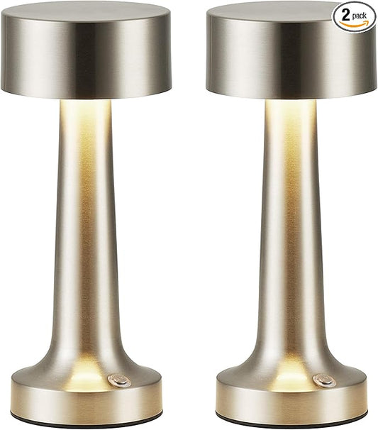 PUSU Cordless LED Nickel Small Table Lamps Set of 2, Portable Rechargeable 4000mAh Battery Operated Desk Lamp, 3 Color Stepless Dimming for Kids, Restaurant, Bedside, Outdoor, Bar, Night Light, Gift