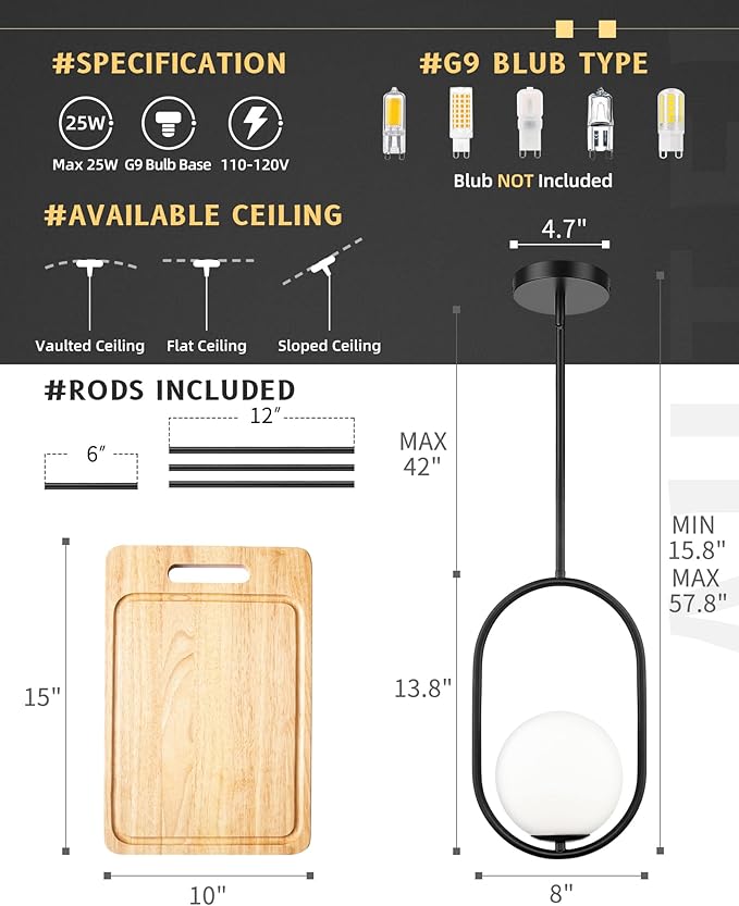 AUTELO 2 Pack Pendant Lights Kitchen Island, Matte Black Glass Pendant Lights with Milky White Globe Hanging Lamp, Adjustable Rods for Kitchen Bar Dining Room, H9376 MGBK-2PK