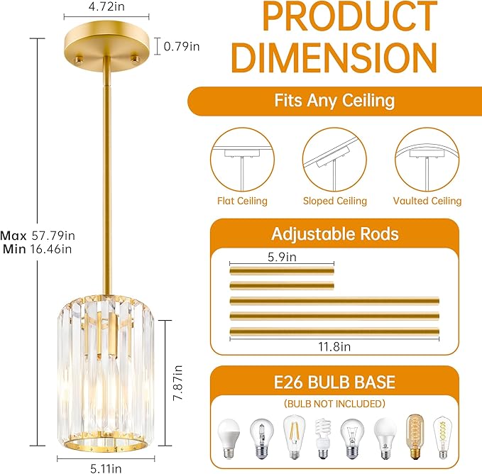 Gold Pendant Light, Modern Crystal Pendant Lights Kitchen Island, Kitchen Island Lighting with Adjustable Height, UL Certified Island Lights for Kitchen Dining Room Bedroom Hallway 1 Pack