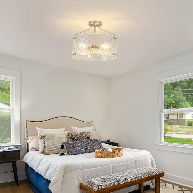Semi Flush Mount Ceiling Light Fixture Glass Drum Chandelier Entryway Light Fixture 16''Brushed Nickel Flush Mount Ceiling Lights 3-Light Foyer lighting fixtures for Living Room Hallway Bedroom