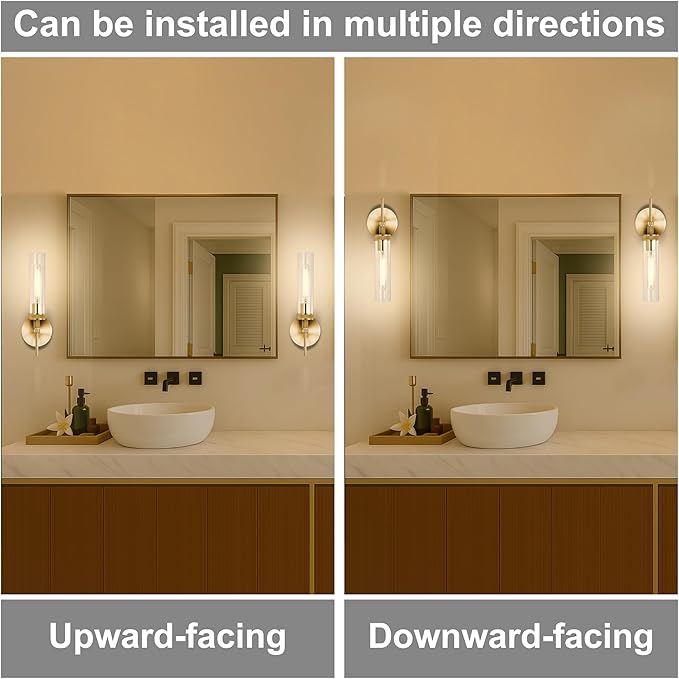 Gold Bathroom Light Fixtures Over Mirror, Hardwired Vanity Lights Set of 2 with Knurled Texture, Brushed Gold Wall Sconces with Clear Glass Shade, Modern Industrial Bathroom Lighting for Bedroom